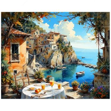 Imagem de Kit de pintura italiana por números para adultos – Pintura de aldeia DIY em tela, conjunto de tinta acrílica, adequado para iniciantes, arte para decoração de casa ou presentes (moldura de 20 x 30 cm)