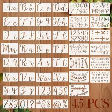 Imagem de Kit de 45 peças de estênceis de letras e números, estêncil de alfabeto para artesanato, modelo de pintura reutilizável para móveis, parede, decoração de casa, faça você mesmo, álbum de recortes