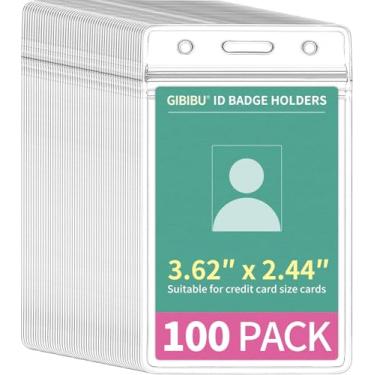 Imagem de GIBIBU Pacote com 100 porta-crachá de identificação vertical, capa de plástico transparente, porta-etiquetas de nome de enfermeiras, protetor de capa de chave com zíper à prova d'água para cordão
