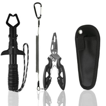 Imagem de Alicates de pesca, alicates de anel dividido, kit de ferramentas de pesca ao ar livre, conjuntos de garra de lábio de peixe, bainha de remoção de gancho multifuncional (conjunto preto)