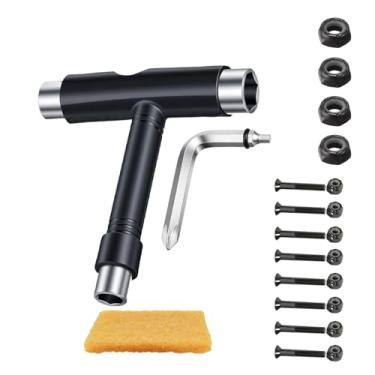 Imagem de Conjunto de ferramentas de skate multifuncional T3 Pro, cabo em T de aço preto com 4 porcas de eixo e 8 peças de parafusos Allen com conjuntos de ferragens de porcas e 1 limpador de fita de aderência