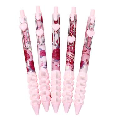 Imagem de YIHUANYIFA 5 peças lindas canetas retráteis rosa rosa canetas de gel estéticas canetas de escrita de tinta de aderência macia com ponta fina lisa de 0,5 mm, material escolar de escritório para