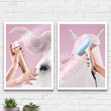 Imagem de Quadros Salão Cavalo 33x24cm - Kit 2 Peças, Moldura Branca