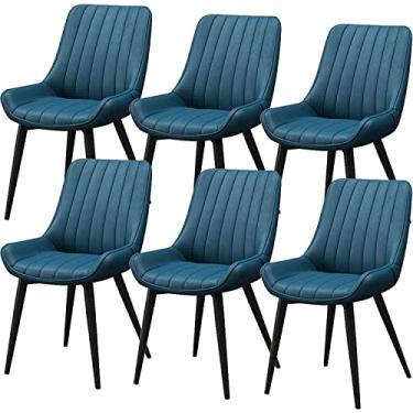 Imagem de RROUAN Conjunto de 6 cadeiras de cozinha com almofada de poliuretano para sala de estar modernas de meados do século com pernas de metal preto