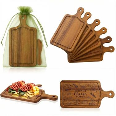 Imagem de Nuenen 6 peças mini tábua de corte de madeira com alça, charcutaria de madeira para artesanato, gravação a laser com facas, sacos de organza, lembrancinhas de festa de casamento, presente de