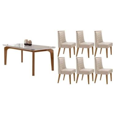 Imagem de Sala Jantar Mesa Londrina Tampo c/ Vidro Curvo 180cm+6 Cadeiras Dafne 