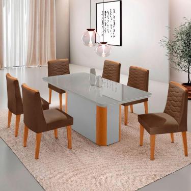 Imagem de Mesa De Jantar Isadora 180cm Tampo Mdf Vidro Com 6 Cadeiras Veludo Marrom Naturale Serigrafia Off White