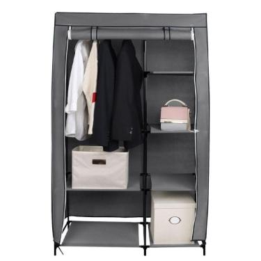 Imagem de Guarda Roupas Duplo Portatil Arara Cabideiro Com Prateleiras Dobravel Organizador Compacto Cinza