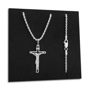 Imagem de Cordão Baiano com Pingente Crucifixo Jesus Cristo Prata 925 Legítima M