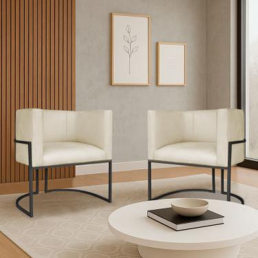 Imagem de Kit 2 Poltronas Dália Luxo Moderna Estofada Design Sofisticado Com Base De Ferro Preto Bouclé Bege
