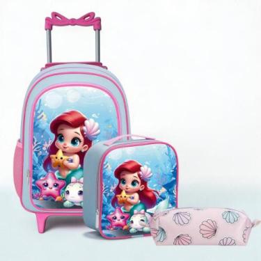 Imagem de Kit Mochila Escolar Rodinha Completo Menina Coral com Estojo e Lanchei