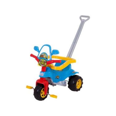 Imagem de Triciclo Infantil Dino Azul com Empurrador - Cestinha Emite Sons Magic