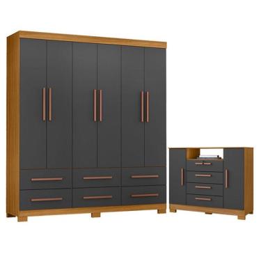 Imagem de Cômoda Madri E Guarda Roupa Casal New Kansas Carvalho Americano Grafite - Incorplac