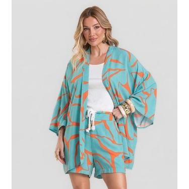Imagem de Kimono Feminino em Tecido Estampado Dianna Azul, M, Azul