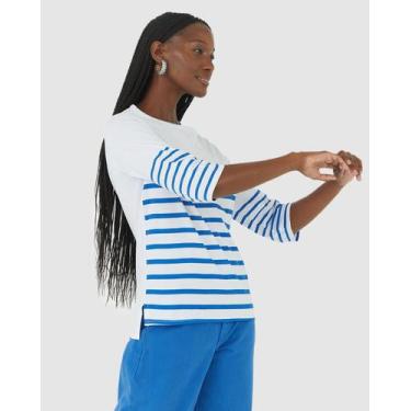 Imagem de Blusa Listrada Feminina Manga 3/4 Em Algodão - Malwee, Azul, P