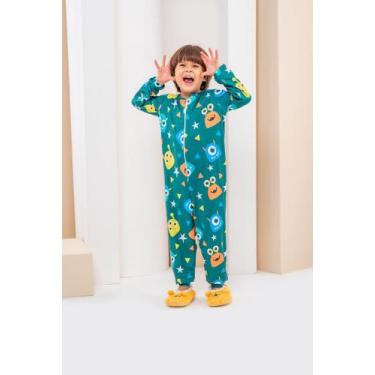 Imagem de Macacão Pijama Infantil Menino Monstrinhos em Suede Cor:VerdeTamanho:8