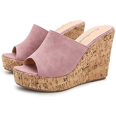 Imagem de JWCN Sandália feminina peep toe de cortiça plataforma deslizante deslizante salto alto sandália rosa 35