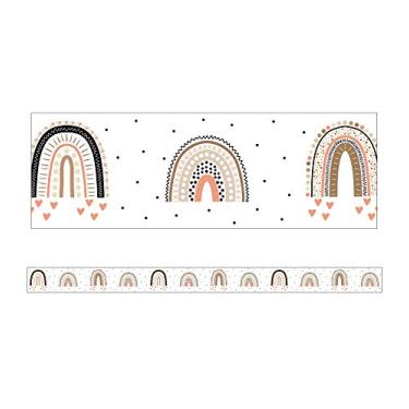 Imagem de Schoolgirl Style Arco-íris Boho simples com bordas retas — 12 peças de tiras de borda para quadro de avisos com bolinhas e corações, decoração de sala de aula ou escola doméstica (7,6 x 7,6 cm)