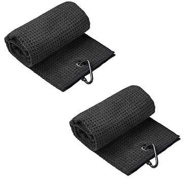 Imagem de Pacote com 2 toalhas de golfe padrão waffle algodão com mosquetão toalhas de limpeza gancho de microfibra limpa tacos bolas mãos para homens mulheres (Preto)