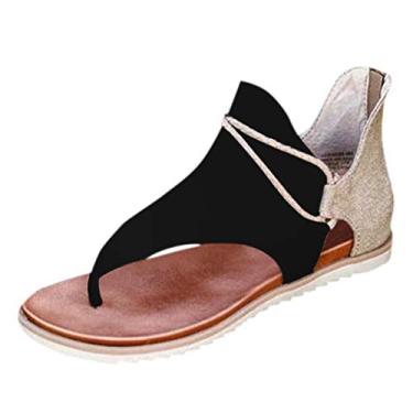 Imagem de Masbird Sandálias Gladiador para mulheres elegantes, sandálias planas até o joelho casuais de bico aberto verão sandálias elegantes de praia, 08 # preto, 8