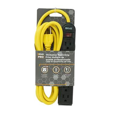 Imagem de Woods 4666 Grounded 6 Outlet Workshop Power Strip, preta, com cabo amarelo de 2,4 m