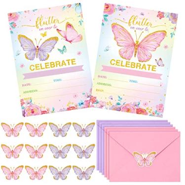 Imagem de Sepamoon Pacote com 24 Convites de Festa de Aniversário Borboleta com Envelopes Meninas Floral Borboleta Convites Adesivos Convites de Aniversário para Meninas Festa Chá de Bebê Decoração de Casamento