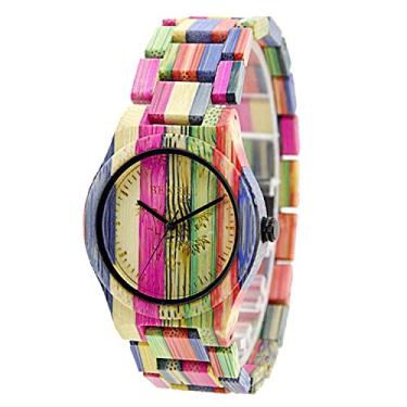 Imagem de Relógio de pulso Bewell feito à mão colorido de madeira de bambu analógico de quartzo com cores mistas, Tendência, Color-1(Medium)