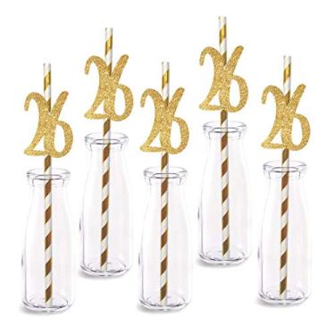 Imagem de Decoração de canudo de papel para aniversário de 26 anos, pacote com 24 números de corte de glitter dourado real Happy 26 anos canudos decorativos de festa