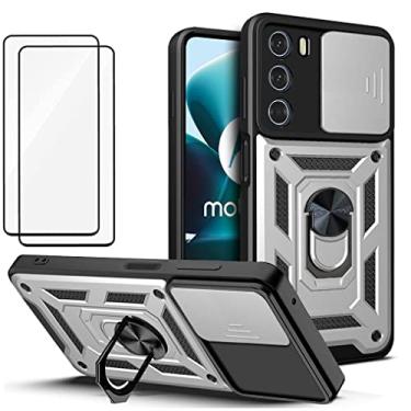 Imagem de Capa para Motorola Moto Edge 30 Capinha | com 2 protetores de tela temperados, janela deslizante de proteção da câmera integrada e suporte para telefone - Prata