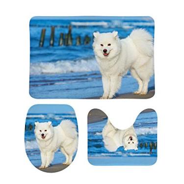 Imagem de Top Carpenter Conjunto de 3 peças de tapetes de banheiro antiderrapante para cães brancos Samoied que caminha perto do mar + tapete de banheiro + tapete de banheiro para decoração de banheiro