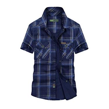 Imagem de IKIIO Camisa xadrez masculina de verão, ajuste regular, botão de pressão, casual, manga curta, algodão, Azul, L