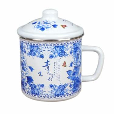 Imagem de XIALON Caneca esmaltada de 425 g caneca de porcelana azul e branca com tampa caneca xícara de chá de esmalte de escritório