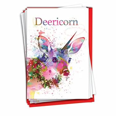 Imagem de Deericorn – Caixa com 12 cartões de natal de unicórnio aquarelado com envelopes (4,63 x 6,75 polegadas) – cervo mágico e mítico de Natal – Papelaria colorida feliz para feriados, conjunto de cartão de notas em massa C7134XSG-B12x1