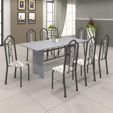 Imagem de Conjunto de Mesa 180x75cm Tampo Granito com 8 Cadeiras Bianca Soma Móveis Martelado Prata/Ocre/Arabesco
