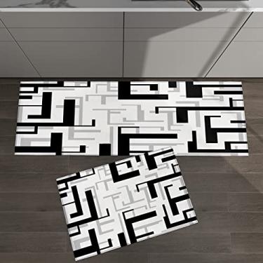Imagem de Conjunto de 2 tapetes de cozinha padrão geométrico moderno preto cinza branco para tapetes acolchoados e tapetes antiderrapantes absorventes corredor confortável tapete de pé