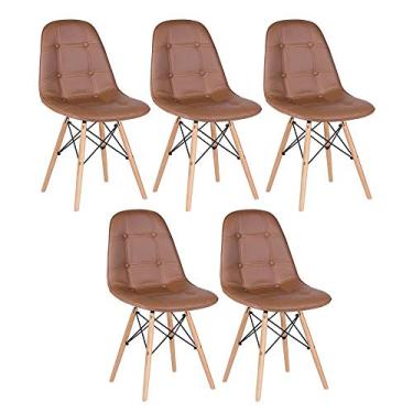 Imagem de Loft7, Kit 5 Cadeiras Charles Eames Eiffel, Assento Estofado Botonê, Pés Em Madeira Clara E Elegante Versátil Sala De Jantar Cozinha Cafeteria Quarto, Marrom