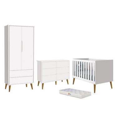 Imagem de Dormitório Completo Infantil Theo 2 Portas, Cômoda 6 Gavetas, Berço com Pés Amadeirado e Colchão D18 - Reller Móveis