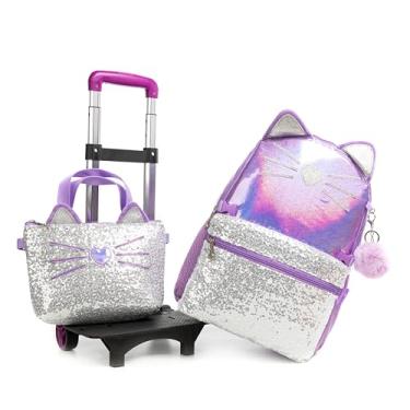 Imagem de Mochilas de Rodinhas Infantis CUTBLAJAT - Kit com Lancheira e Estojo - Estilo Princesa com Carrinho de Rodinhas - Estilo de gato com padrão de coração de cor clara prateada e roxa