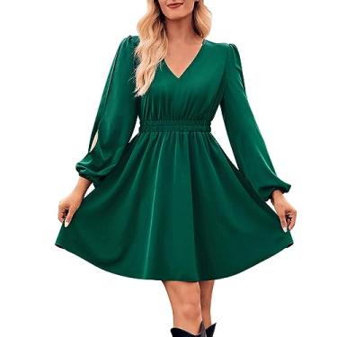 Imagem de UIFLQXX Vestido de coquetel feminino manga longa cor pura vestido longo vestido missal vestido rodado para mulheres, Verde, P