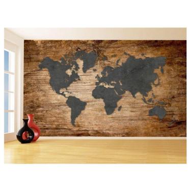 Imagem de Papel De Parede 3D Mapa Mundi Madeira Concreto 3,5M Nmu21