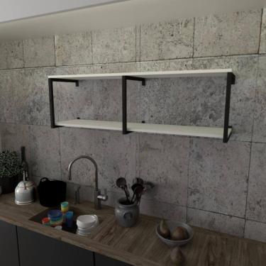 Imagem de Prateleira Industrial Suspensa Estante Parede Nicho Branca Ferro E Madeira Suporte Pratileira