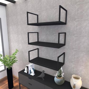 Imagem de Kit Com 3 Prateleira Industrial Suspensa Parede Nicho Preta Cozinha Escritorio Sala Quarto Infantil