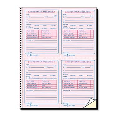 Imagem de TOPS Livro de mensagens telefônicas, encadernação espiral, 2 partes, sem carbono, branco e canário, 4 mensagens por página, 400 conjuntos (4009)