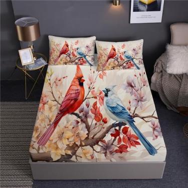 Imagem de Conjunto de edredom de pássaros coloridos cardeais, cama em um saco, 7 peças de flores, cor da primavera, incluindo 1 lençol com elástico + 1 edredom + 4 fronhas + 1 lençol de cima (C, cama de casal