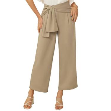 Imagem de GRACE KARIN 2024 Calça feminina de cintura alta para mulheres calças elegantes de perna larga calça casual de negócios com gravata frontal, Caqui, G
