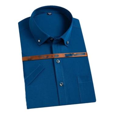 Imagem de Camisa masculina de verão elástica manga curta cor sólida não passar a ferro confortável camisa casual respirável, D2109 Safira azul, G