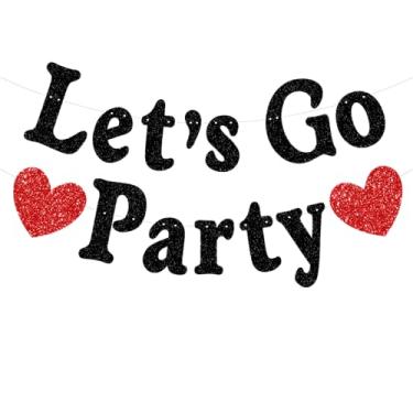 Imagem de Let's Go Party Banner preto vermelho com glitter, decorações de despedida de solteira, pano de fundo de foto fofa, suprimentos de aniversário de 21 anos Mamma Mia despedida de solteira festa de