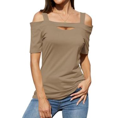 Imagem de MAVIS LAVEN Camisetas femininas de manga curta com ombro vazado, gola quadrada, blusa túnicas, 2 cáqui, PP