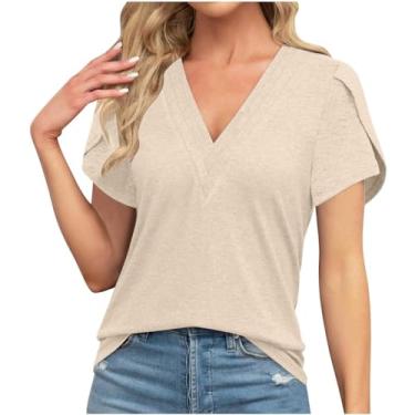 Imagem de Camiseta juvenil lisa solta para mulheres manga curta gola V verão outono 2024, C-570 Bege, M