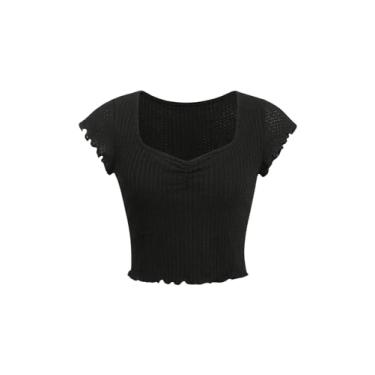 Imagem de SOLY HUX Camisetas femininas cropped de malha waffle fofas franzidas gola redonda manga cavada verão, Preto liso, 13 Anos